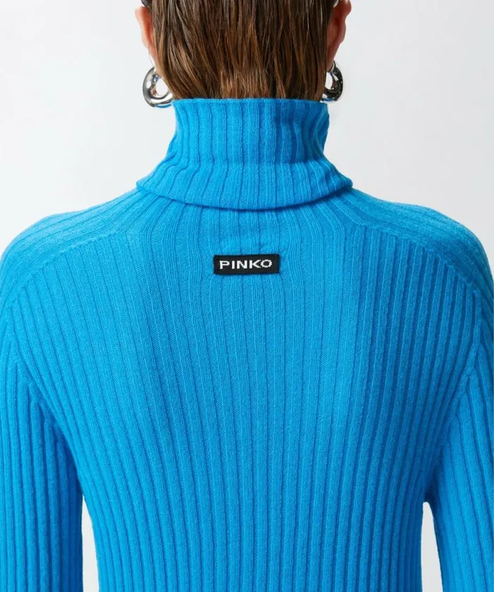 Women Knitwear Pinko Highneck Ribbed Cashmereblend Sweater With Lurex Cuffs Turquoisegrey Women Knitwear Pinko Highneck Ribbed Cashmereblend Sweater With Lurex Cuffs Turquoisegrey