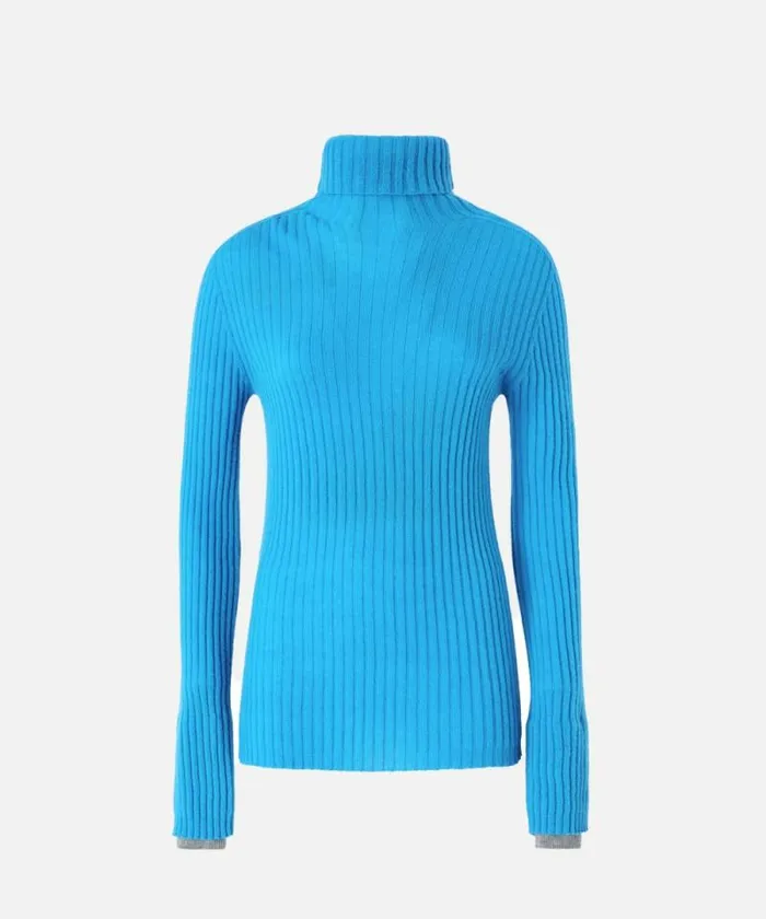 Women Knitwear Pinko Highneck Ribbed Cashmereblend Sweater With Lurex Cuffs Turquoisegrey Women Knitwear Pinko Highneck Ribbed Cashmereblend Sweater With Lurex Cuffs Turquoisegrey