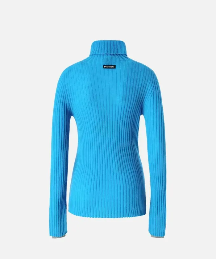 Women Knitwear Pinko Highneck Ribbed Cashmereblend Sweater With Lurex Cuffs Turquoisegrey Women Knitwear Pinko Highneck Ribbed Cashmereblend Sweater With Lurex Cuffs Turquoisegrey