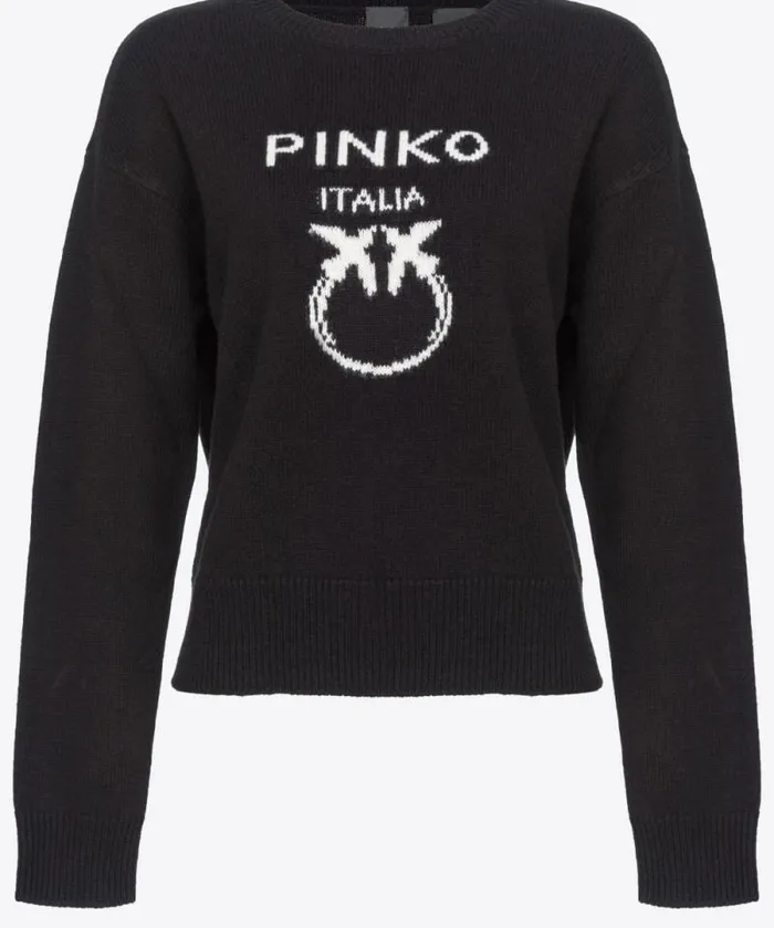 Women Knitwear Pinko PINKO Love Birds Pullover Blackwhite Women Knitwear Pinko PINKO Love Birds Pullover Blackwhite