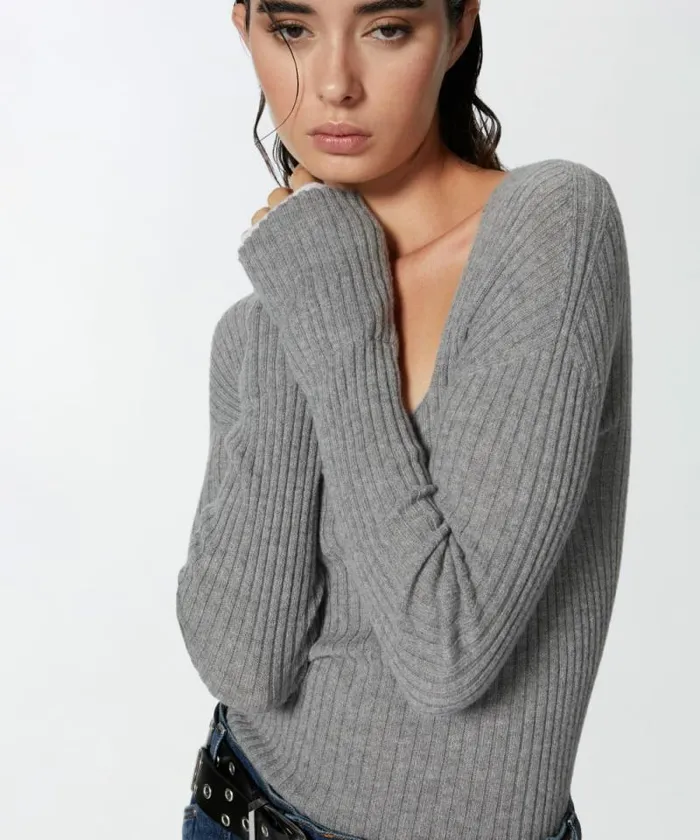Women Knitwear Pinko Ribbed Wool And Cashmere Sweater Greywhite Women Knitwear Pinko Ribbed Wool And Cashmere Sweater Greywhite