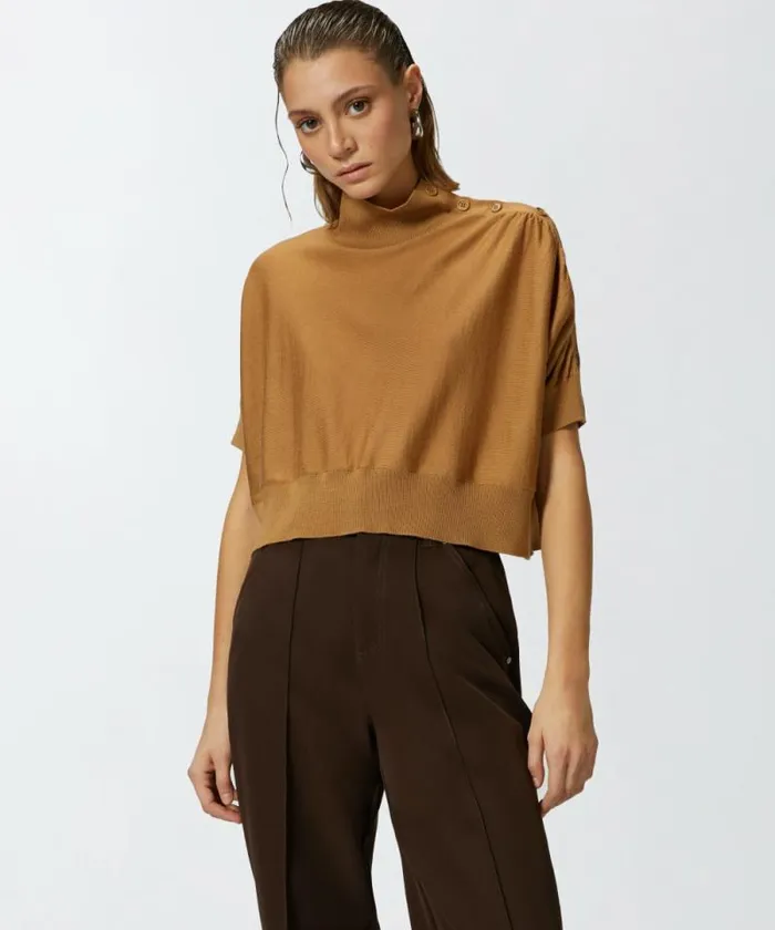 Women Knitwear Pinko Shortsleeved Short Sweater With Buttons Mocha Camel