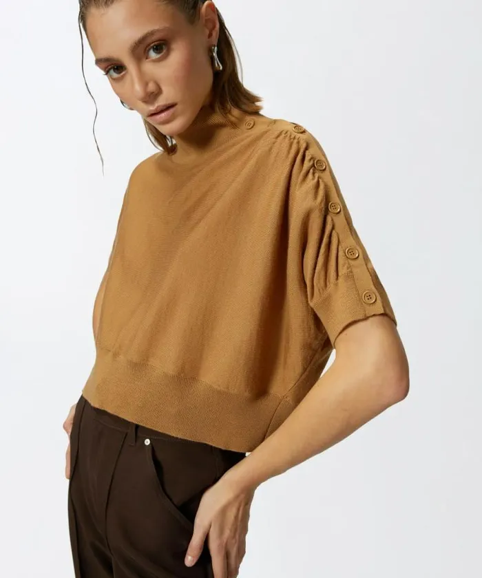 Women Knitwear Pinko Shortsleeved Short Sweater With Buttons Mocha Camel Women Knitwear Pinko Shortsleeved Short Sweater With Buttons Mocha Camel