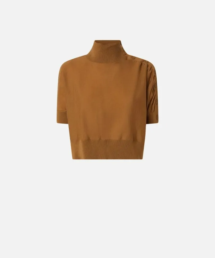 Women Knitwear Pinko Shortsleeved Short Sweater With Buttons Mocha Camel Women Knitwear Pinko Shortsleeved Short Sweater With Buttons Mocha Camel