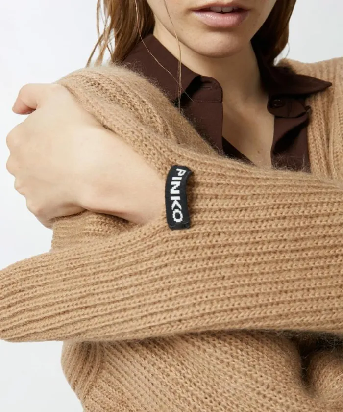 Women Knitwear Pinko Vneck Rib Jumper Beige 8211 Light Brown Women Knitwear Pinko Vneck Rib Jumper Beige 8211 Light Brown