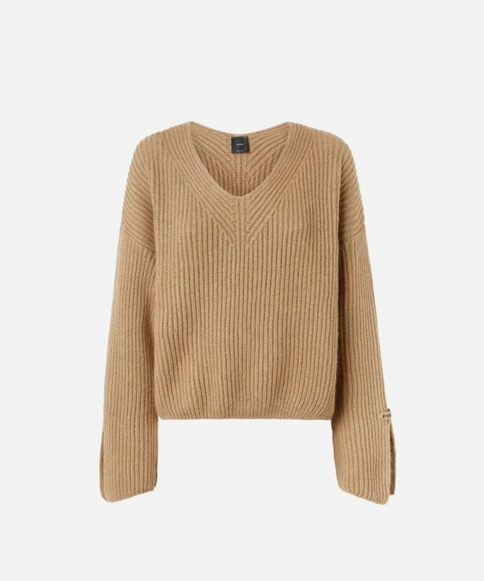 Women Knitwear Pinko Vneck Rib Jumper Beige 8211 Light Brown Women Knitwear Pinko Vneck Rib Jumper Beige 8211 Light Brown