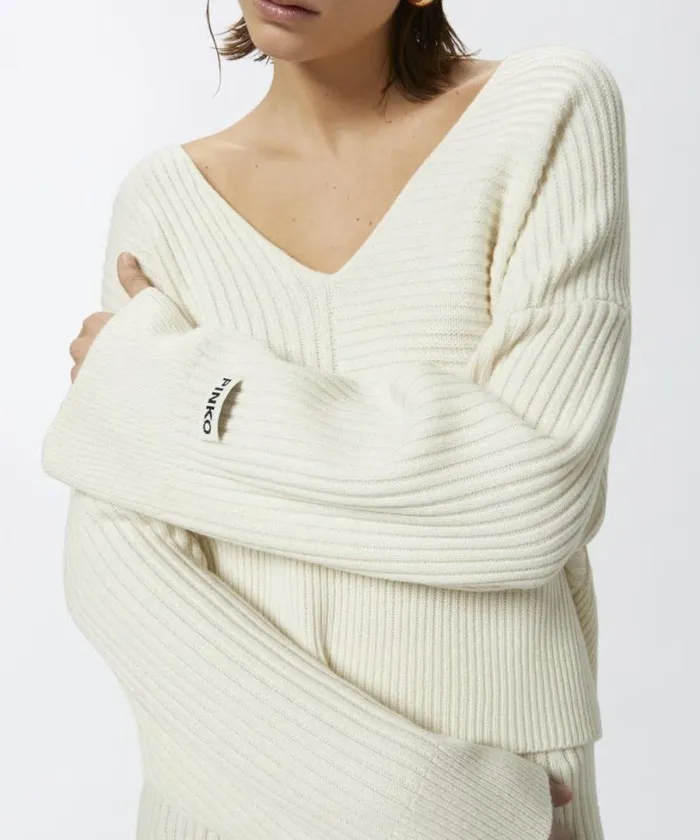 Women Knitwear Pinko Wool And Cashmere Vneck Ribbed Sweater Meringue White Women Knitwear Pinko Wool And Cashmere Vneck Ribbed Sweater Meringue White