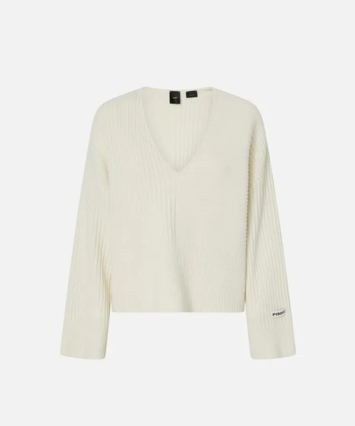 Women Knitwear Pinko Wool And Cashmere Vneck Ribbed Sweater Meringue White Women Knitwear Pinko Wool And Cashmere Vneck Ribbed Sweater Meringue White