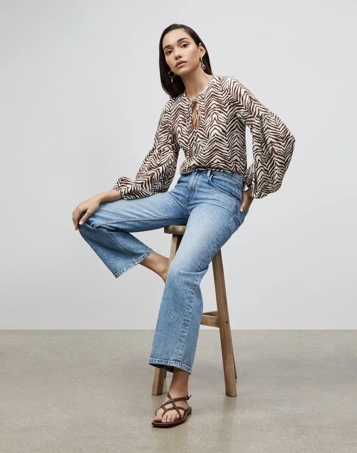 Women Lafayette 148 New York Blouses and Shirts Lupe Blouse In Mini Zevron Print Shantung Mahogany Multi