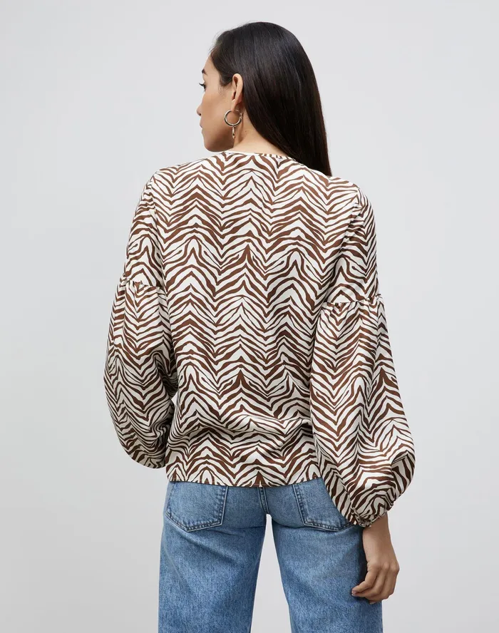 Women Lafayette 148 New York Blouses and Shirts Lupe Blouse In Mini Zevron Print Shantung Mahogany Multi
