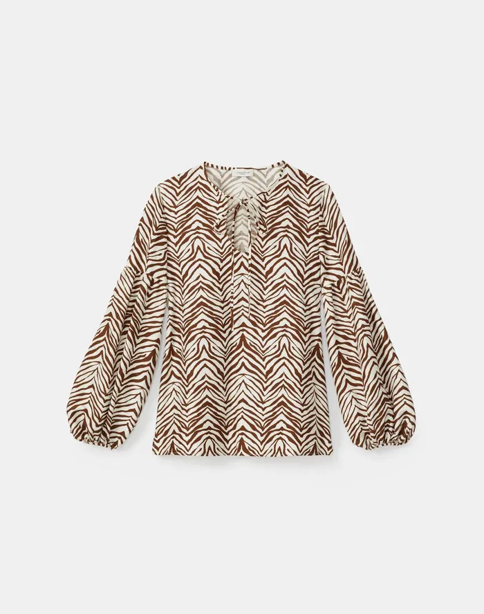 Women Lafayette 148 New York Blouses and Shirts Lupe Blouse In Mini Zevron Print Shantung Mahogany Multi