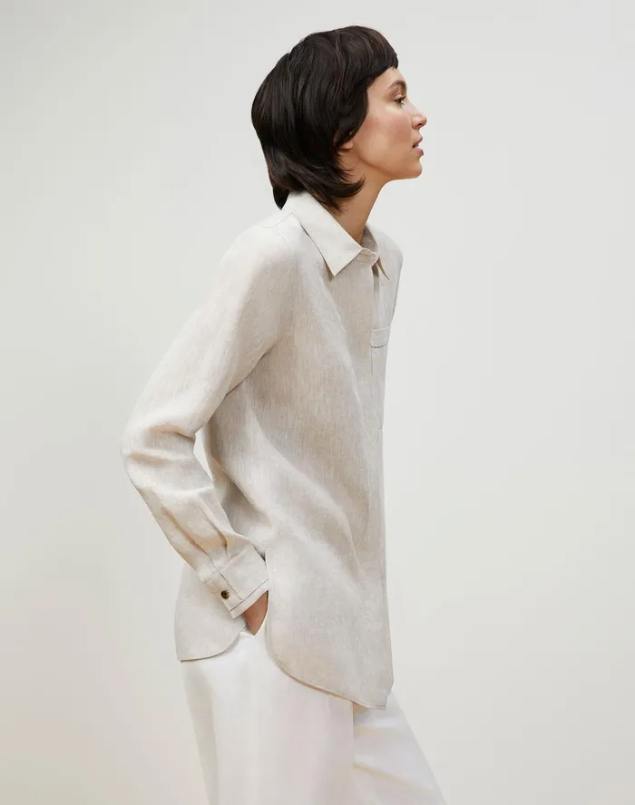 Women Lafayette 148 New York Blouses and Shirts PlusSize Ruxton Shirt In Illustrious Linen Pumice Melange