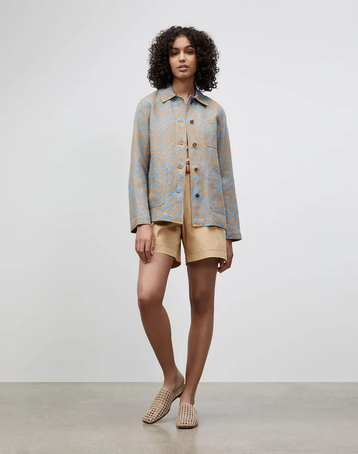 Women Lafayette 148 New York Jackets and Blazers Petite Amaris Jacket In Zevron Print Linen Fresh Blue Multi