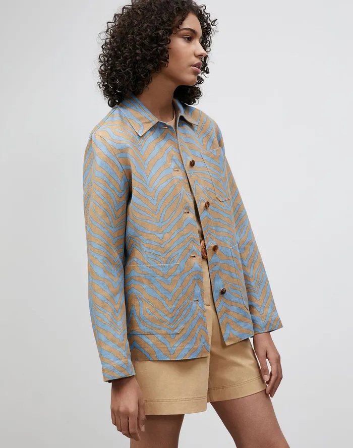 Women Lafayette 148 New York Jackets and Blazers Petite Amaris Jacket In Zevron Print Linen Fresh Blue Multi