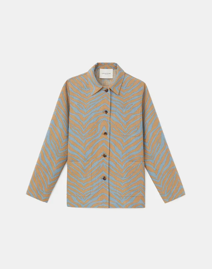 Women Lafayette 148 New York Jackets and Blazers Petite Amaris Jacket In Zevron Print Linen Fresh Blue Multi