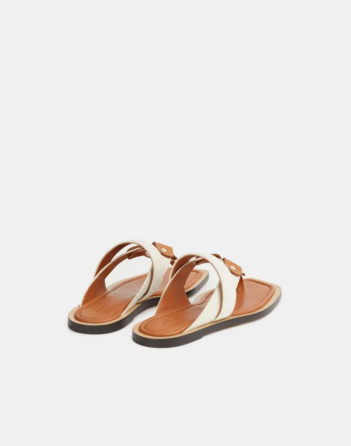 Women Lafayette 148 New York Sandals Sabine Slide In Leather and Canvas Natural