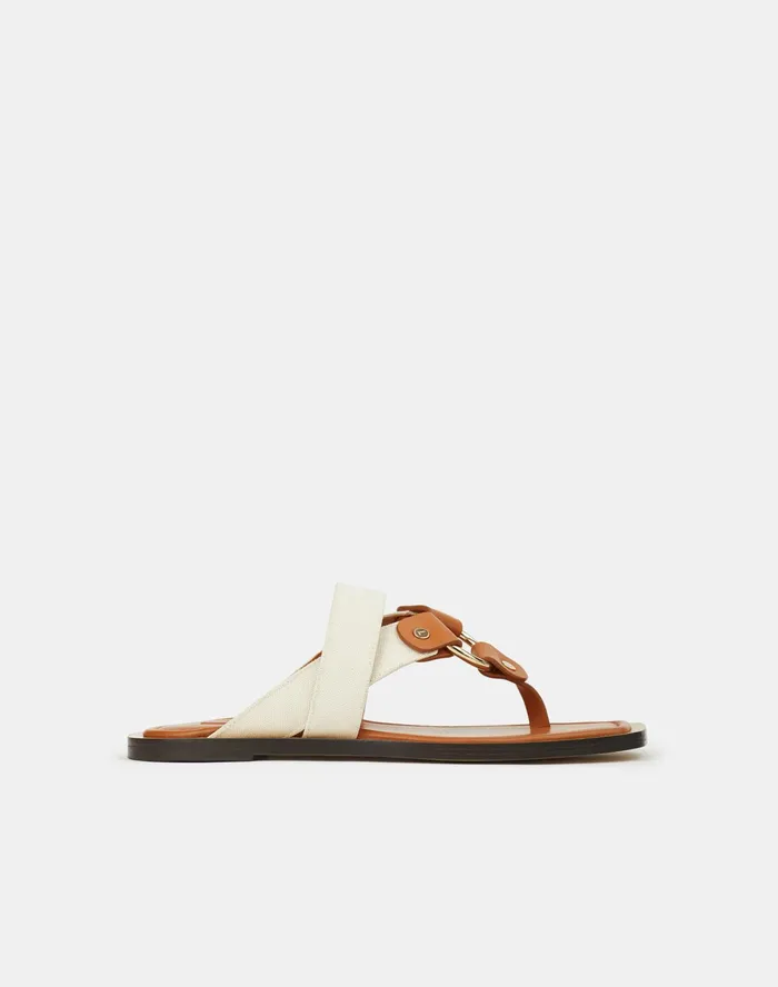 Women Lafayette 148 New York Sandals Sabine Slide In Leather and Canvas Natural