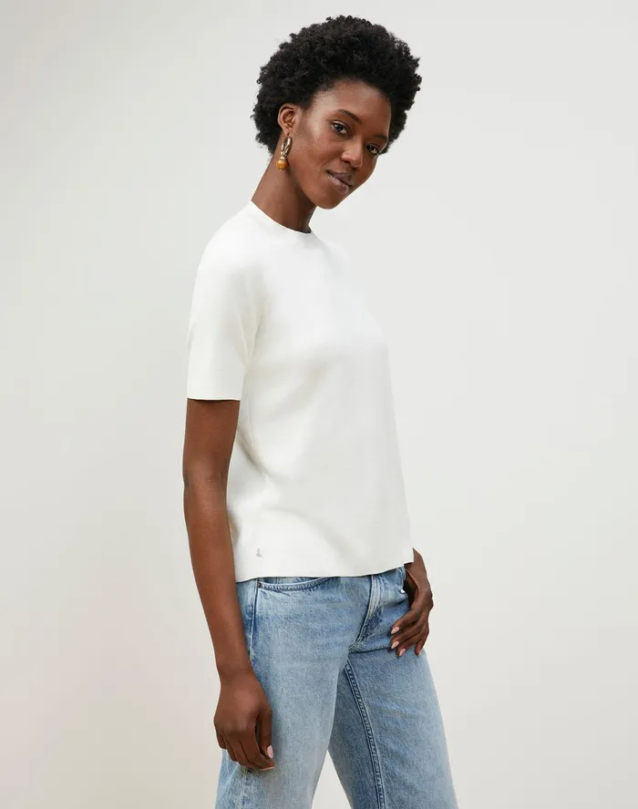 Women Lafayette 148 New York Sweaters Cotton Crepe Crewneck Pullover Sweater Cloud