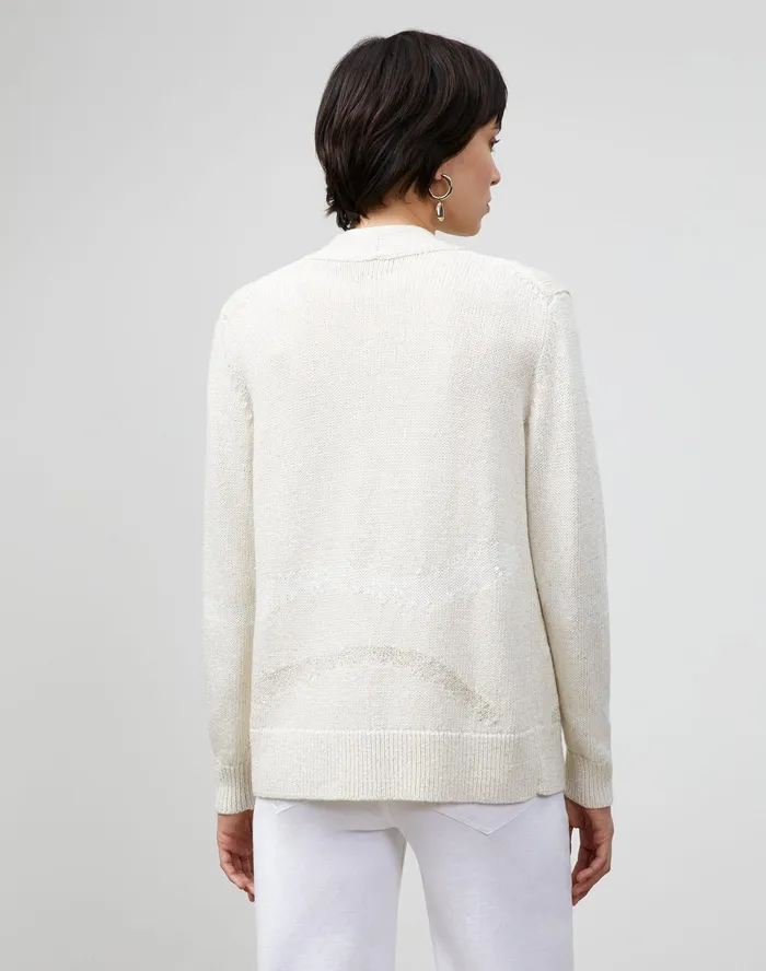 Women Lafayette 148 New York Sweaters Italian LinenCotton Intarsia Open Front Cardigan Cloud Multi