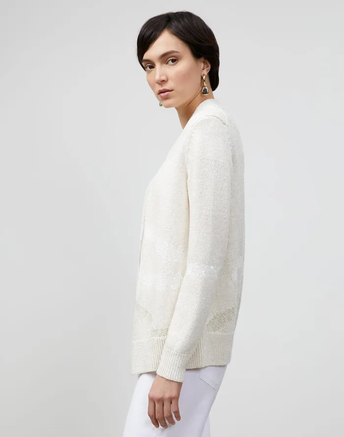 Women Lafayette 148 New York Sweaters Italian LinenCotton Intarsia Open Front Cardigan Cloud Multi