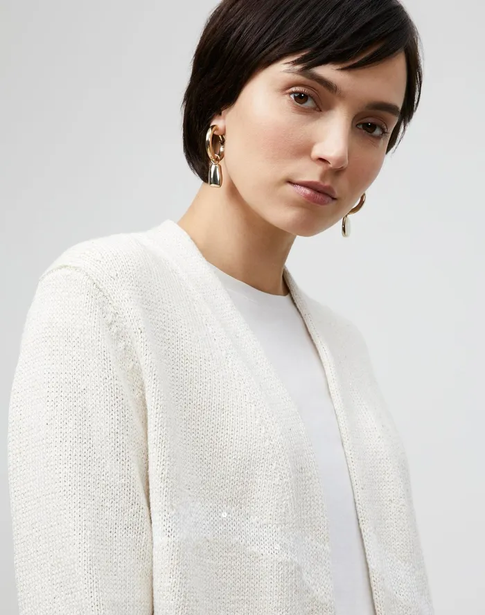 Women Lafayette 148 New York Sweaters Italian LinenCotton Intarsia Open Front Cardigan Cloud Multi