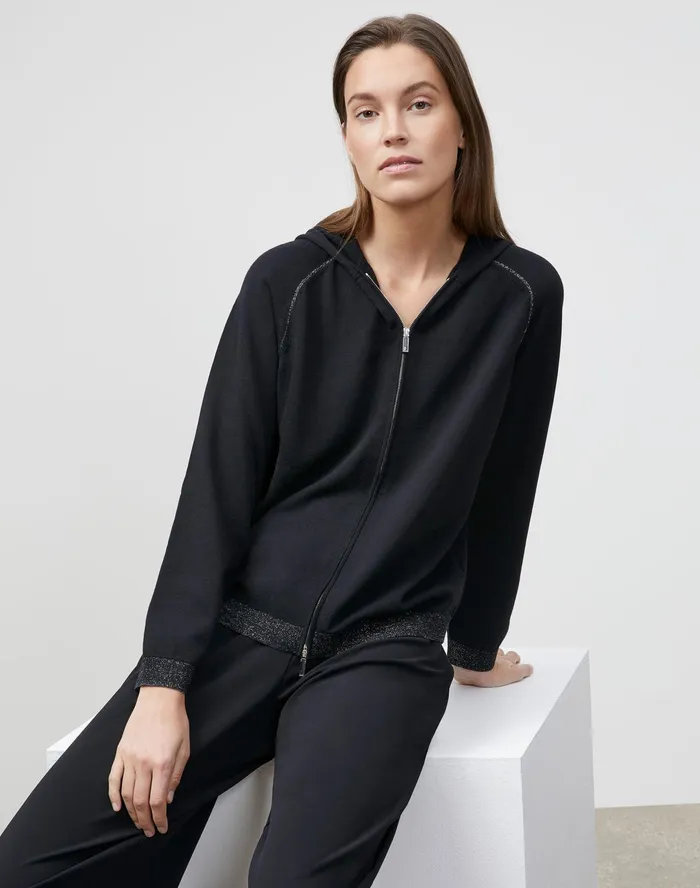 Women Lafayette 148 New York Sweaters Matte Crepe ZipFront Hoodie Black