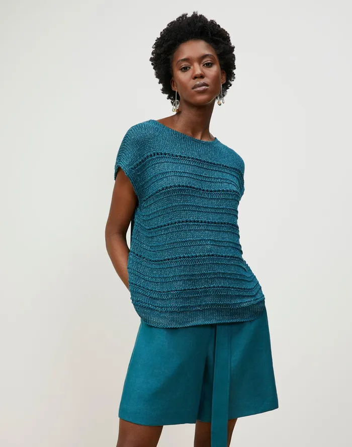 Women Lafayette 148 New York Sweaters PlusSize Cotton Silk Tape Bateau Neck Open Stitch Pullover Deep Lagoon Multi