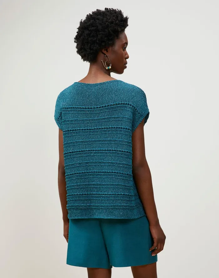 Women Lafayette 148 New York Sweaters PlusSize Cotton Silk Tape Bateau Neck Open Stitch Pullover Deep Lagoon Multi