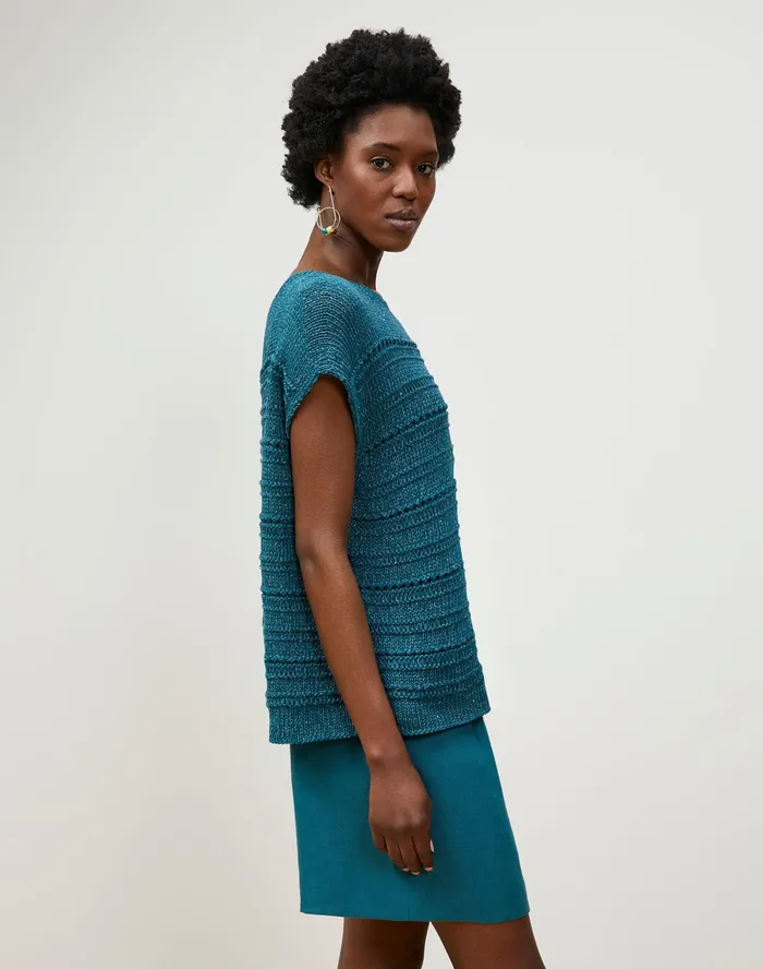 Women Lafayette 148 New York Sweaters PlusSize Cotton Silk Tape Bateau Neck Open Stitch Pullover Deep Lagoon Multi