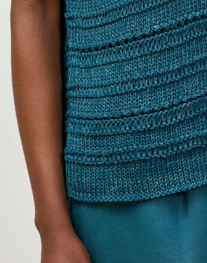 Women Lafayette 148 New York Sweaters PlusSize Cotton Silk Tape Bateau Neck Open Stitch Pullover Deep Lagoon Multi