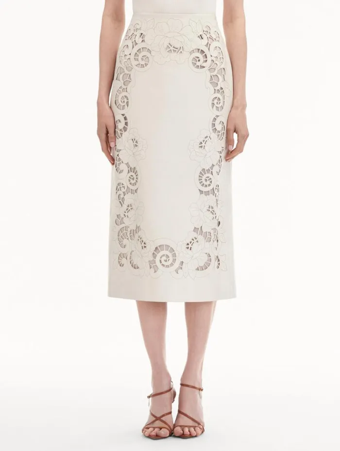 Women Laser Cut Floral Leather Pencil Skirt White Oscar De La Renta Pants and Skirts Women Laser Cut Floral Leather Pencil Skirt White Oscar De La Renta Pants and Skirts