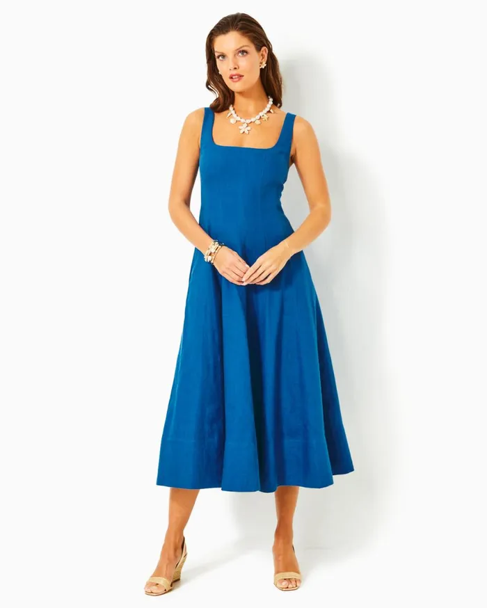 Women Lilly Pulitzer Dresses Ameilia Elbow Sleeve Midi Dress Low Tide Navy Bouquet All Day Engineered Woven Dress Women Lilly Pulitzer Dresses Ameilia Elbow Sleeve Midi Dress Low Tide Navy Bouquet All Day Engineered Woven Dress