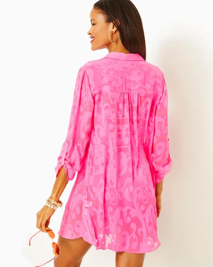 Women Lilly Pulitzer Swim Natalie Shirtdress CoverUp Roxie Pink Poly Crepe Swirl Clip Women Lilly Pulitzer Swim Natalie Shirtdress CoverUp Roxie Pink Poly Crepe Swirl Clip