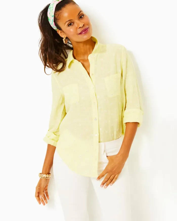 Women Lilly Pulitzer Tops Sea View Linen Button Down Top Resort White Shell Collector Women Lilly Pulitzer Tops Sea View Linen Button Down Top Resort White Shell Collector