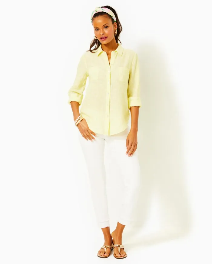 Women Lilly Pulitzer Tops Sea View Linen Button Down Top Resort White Shell Collector Women Lilly Pulitzer Tops Sea View Linen Button Down Top Resort White Shell Collector