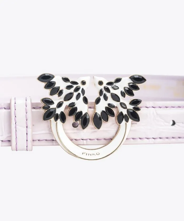 Women Limited Edition Pinko PINKO Galleria Thin 2cm Shiny Crocprint Belt With Love Birds Buckle Lilaclightgold Women Limited Edition Pinko PINKO Galleria Thin 2cm Shiny Crocprint Belt With Love Birds Buckle Lilaclightgold