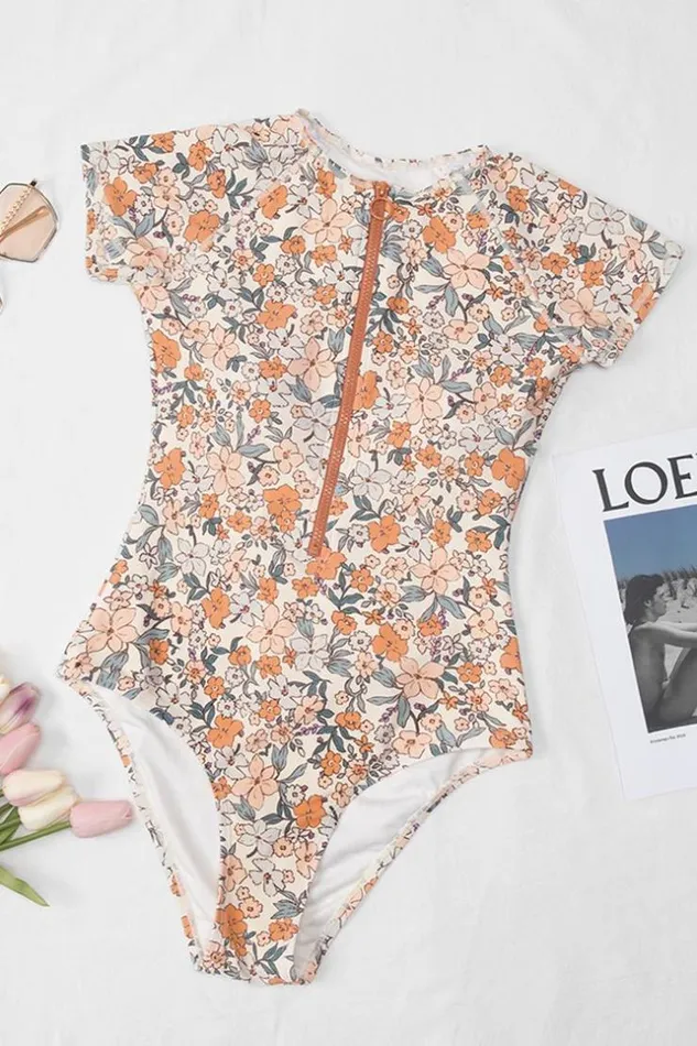 Women Long Sleeve Swimsuits Cupshe Elodie Ditsy Zipper Short Sleeve One Piece Swimsuit Multicolor