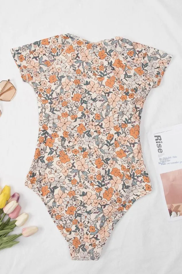 Women Long Sleeve Swimsuits Cupshe Elodie Ditsy Zipper Short Sleeve One Piece Swimsuit Multicolor