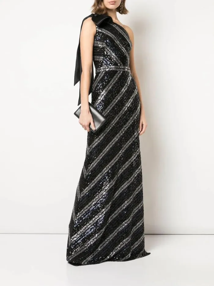 Women Marchesa Dresses One Shoulder Sequin Slim Gown Navy Multi
