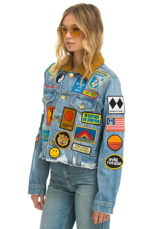 WomenMen Denim Aviator Nation Vintage Patch Unisex Crop Denim Jacket 8211 Super Light