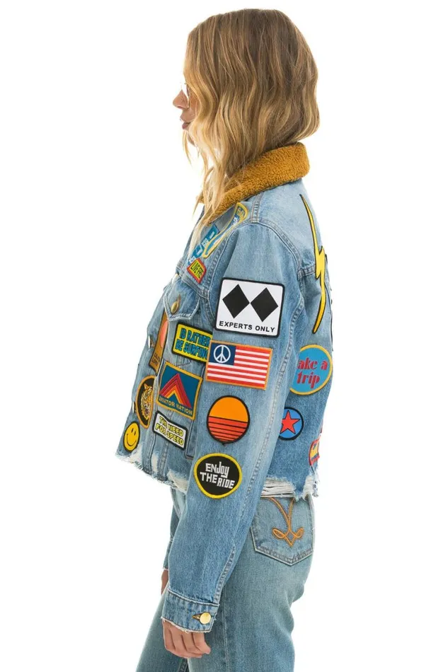WomenMen Denim Aviator Nation Vintage Patch Unisex Crop Denim Jacket 8211 Super Light