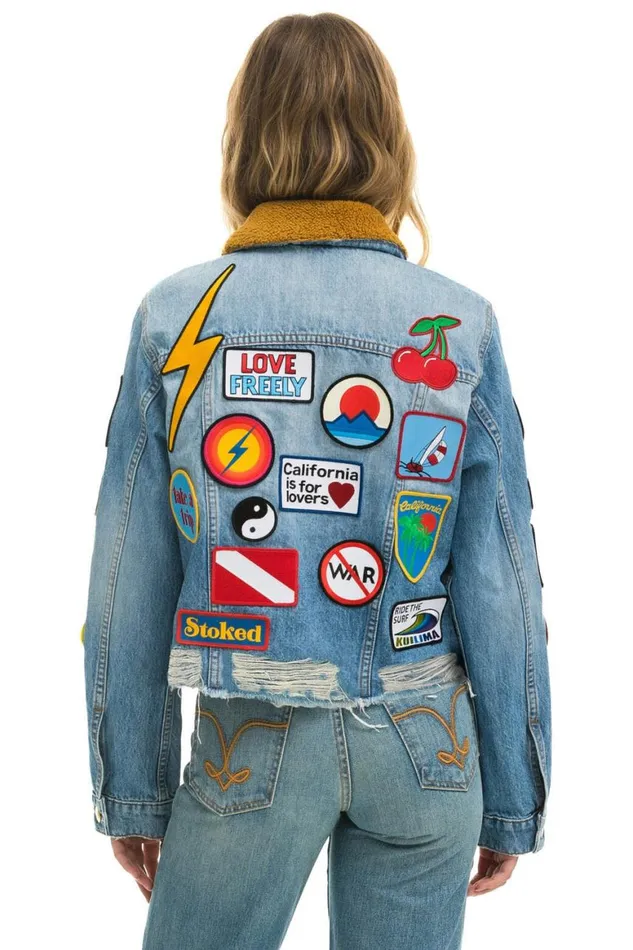 WomenMen Denim Aviator Nation Vintage Patch Unisex Crop Denim Jacket 8211 Super Light