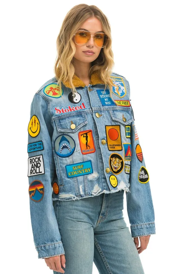 WomenMen Denim Aviator Nation Vintage Patch Unisex Crop Denim Jacket 8211 Super Light