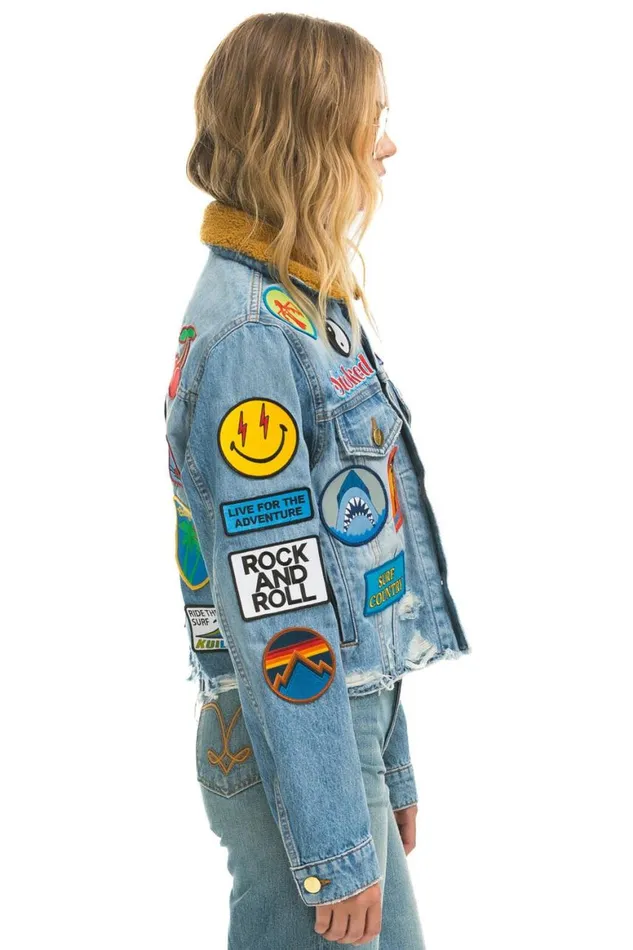 WomenMen Denim Aviator Nation Vintage Patch Unisex Crop Denim Jacket 8211 Super Light