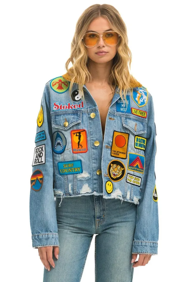 WomenMen Denim Aviator Nation Vintage Patch Unisex Crop Denim Jacket 8211 Super Light