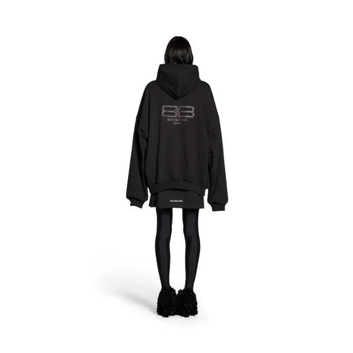 WomenMen Sweatshirts and Hoodies Balenciaga Bb Paris Strass Hoodie Large Fit In Black Faded
