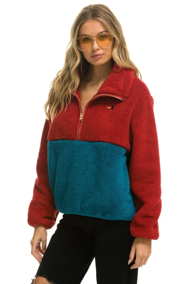 WomenMen Teddy Jackets Aviator Nation Teddy Apres Half Zip Color Block Jacket 8211 Cherry