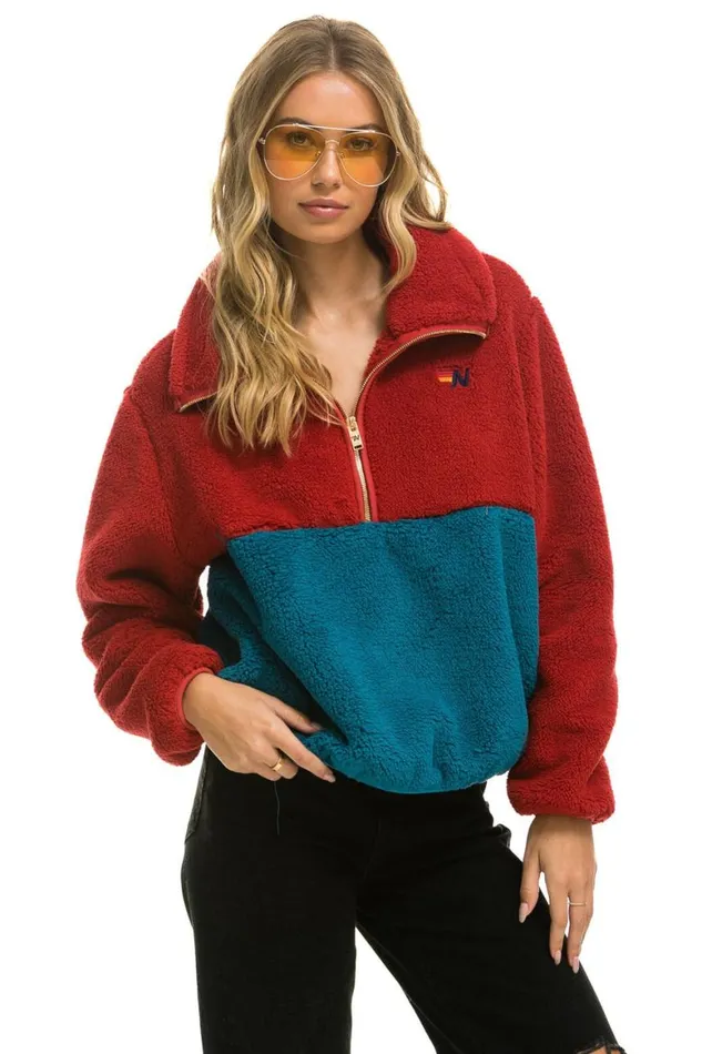 WomenMen Teddy Jackets Aviator Nation Teddy Apres Half Zip Color Block Jacket 8211 Cherry
