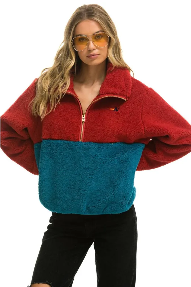 WomenMen Teddy Jackets Aviator Nation Teddy Apres Half Zip Color Block Jacket 8211 Cherry