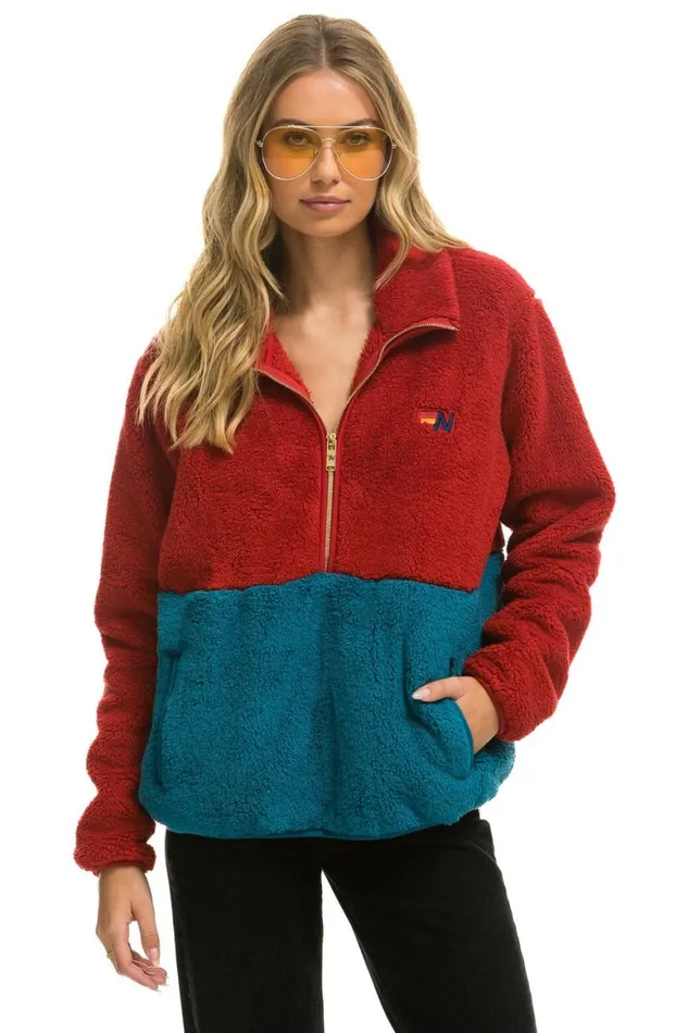 WomenMen Teddy Jackets Aviator Nation Teddy Unisex Half Zip Color Block Jacket 8211 Cherry WomenMen Teddy Jackets Aviator Nation Teddy Unisex Half Zip Color Block Jacket 8211 Cherry